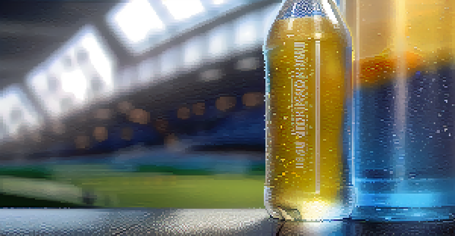 A close-up of a sports drink bottle with condensation, set against a blurred gym background.