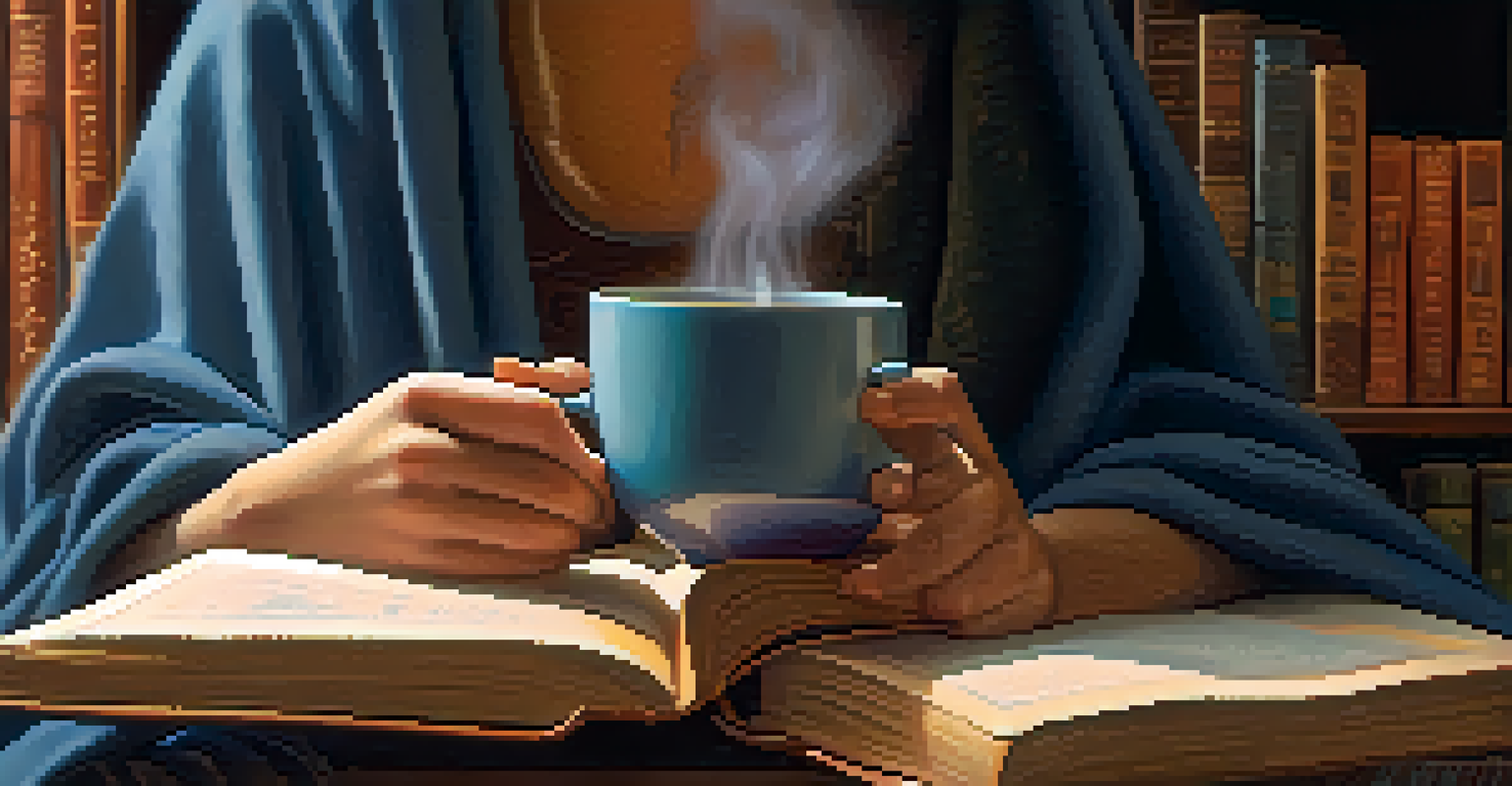 Close-up of hands holding a steaming mug of tea, with a soft blanket in a warmly lit room with a bookshelf and lamp.