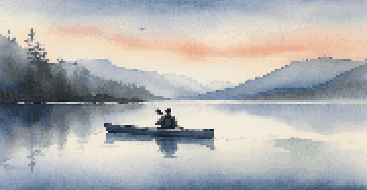 A calm lakeside at dawn with mist over the water and a kayak, framed by silhouetted mountains and soft pastel colors.