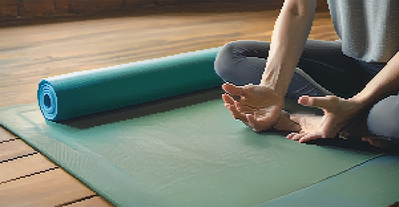 Close-up of a yoga mat with hands in a meditative pose, surrounded by essential oils and a water bottle.