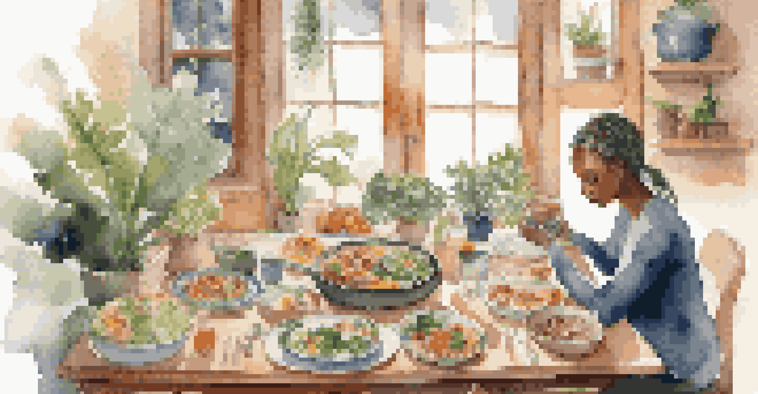 A person practicing mindful eating, taking a deep breath at a cozy table filled with healthy dishes.