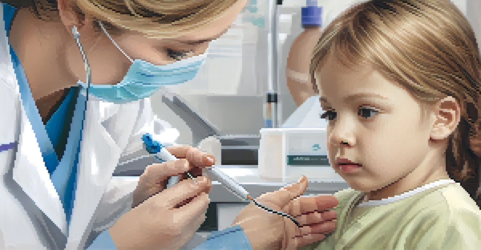 A medical professional conducting an allergy test on a calm child in a clinic, with testing equipment in the background.