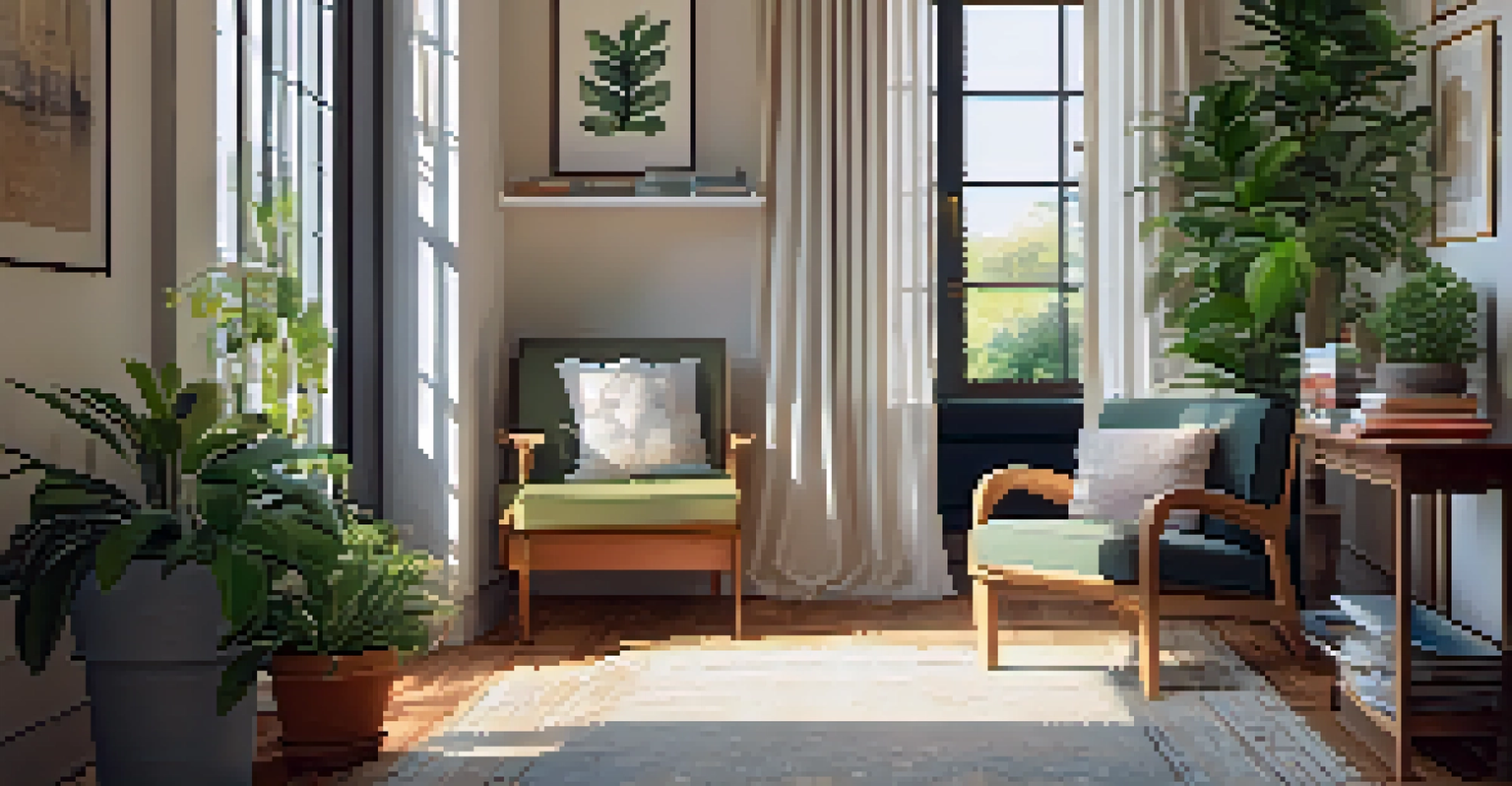 A cozy reading nook with an armchair and bookshelf by a window, filled with natural light and plants.