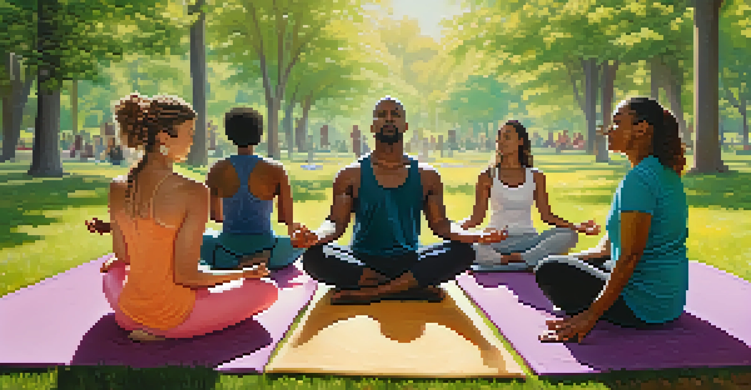 A diverse group of people meditating together in a sunlit park, surrounded by flowers.