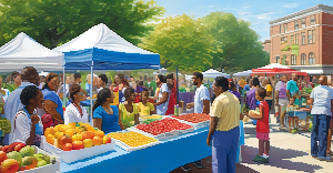 A lively community health fair with diverse participants engaging in health activities, including a nutrition workshop featuring colorful fruits and vegetables.