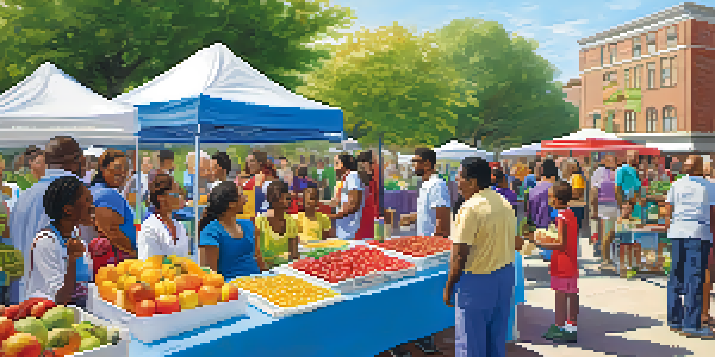 A lively community health fair with diverse participants engaging in health activities, including a nutrition workshop featuring colorful fruits and vegetables.