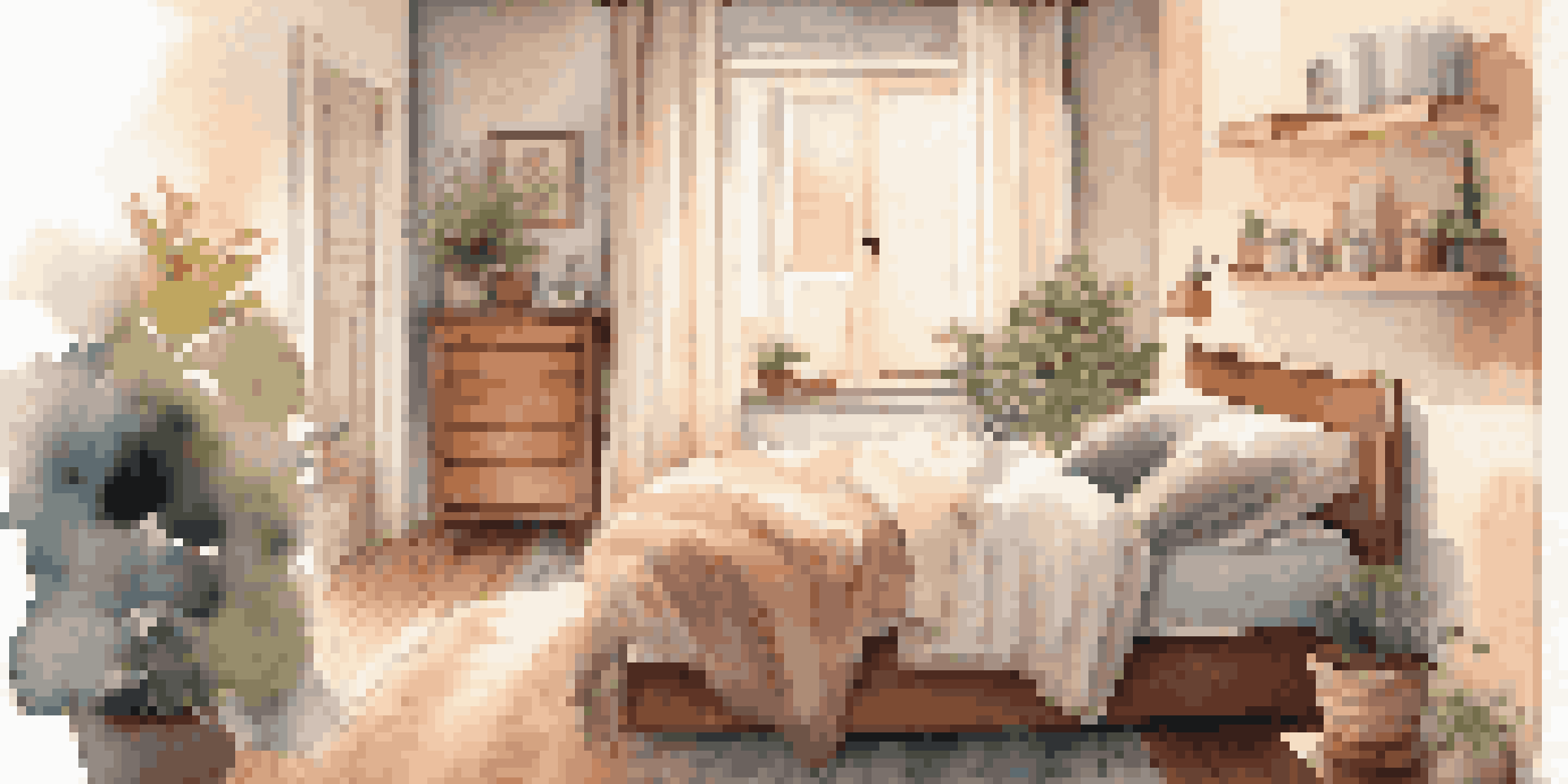 A peaceful bedroom with a couple getting ready for bed, surrounded by soft lighting and cozy decor.