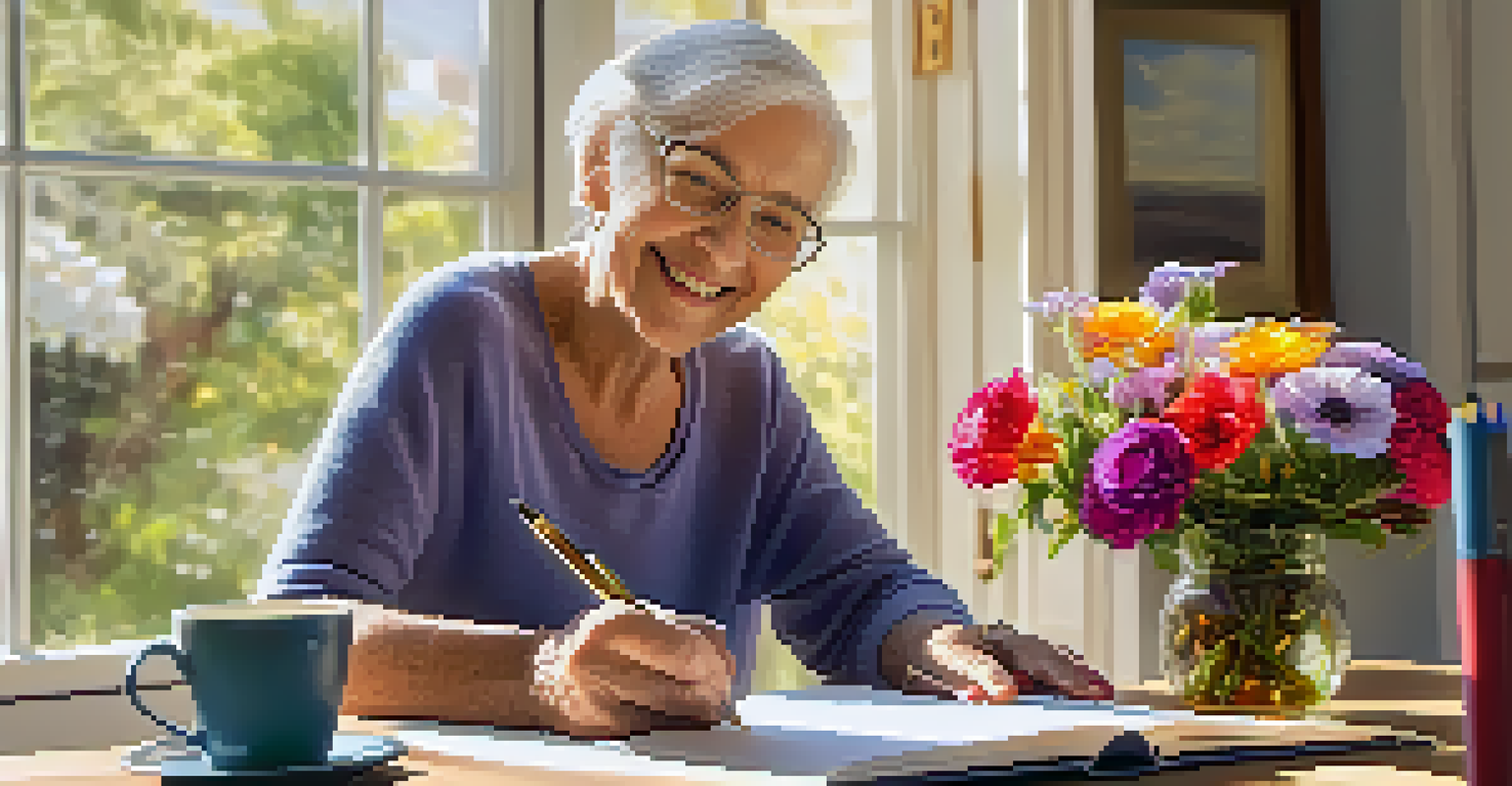 An elderly person writing in a gratitude journal at a bright table with tea and flowers.