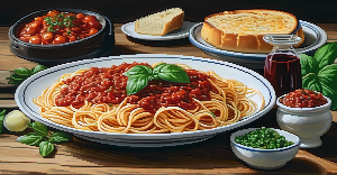A table filled with traditional Italian cuisine including spaghetti, garlic bread, salad, and red wine in a warm setting.