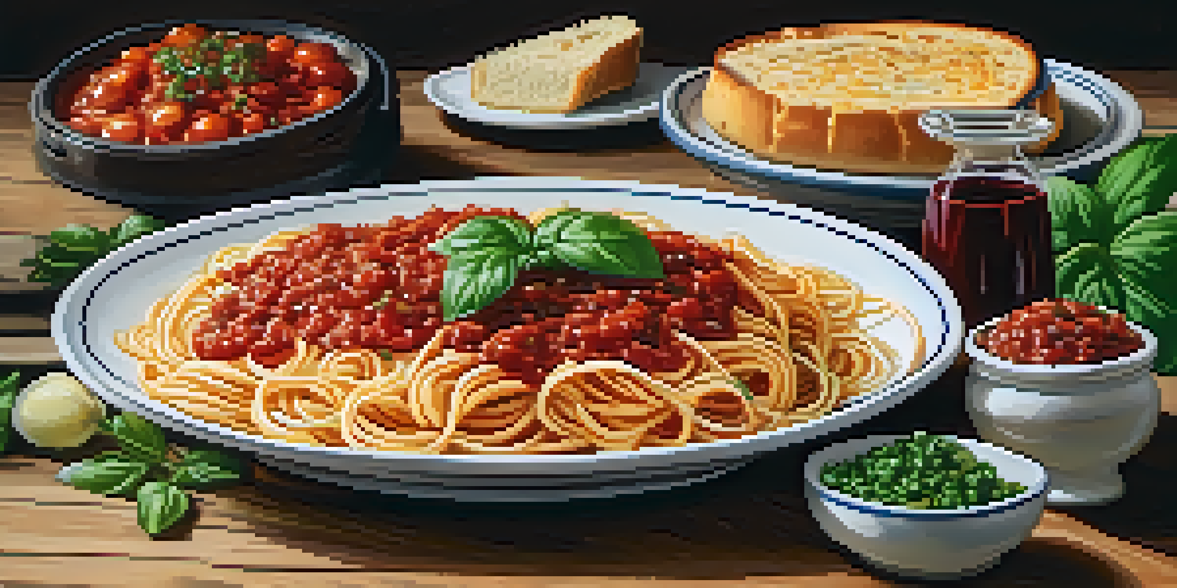 A table filled with traditional Italian cuisine including spaghetti, garlic bread, salad, and red wine in a warm setting.