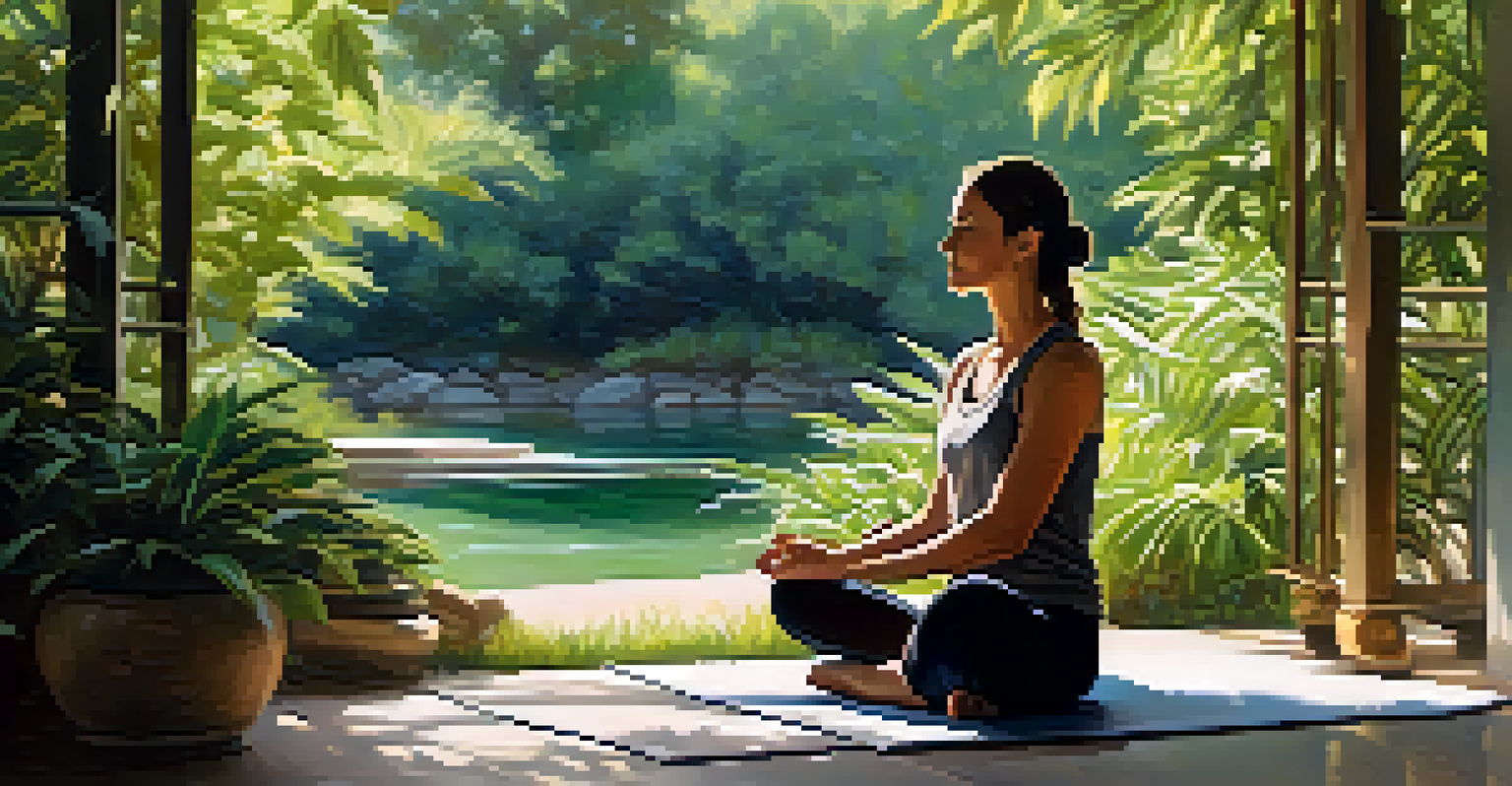 A person meditating outdoors in a tranquil green setting, with sunlight filtering through the trees.