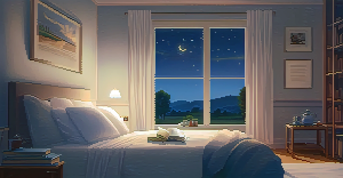 A tranquil bedroom with a cozy bed, a cup of tea, and a stack of books under a twilight sky.