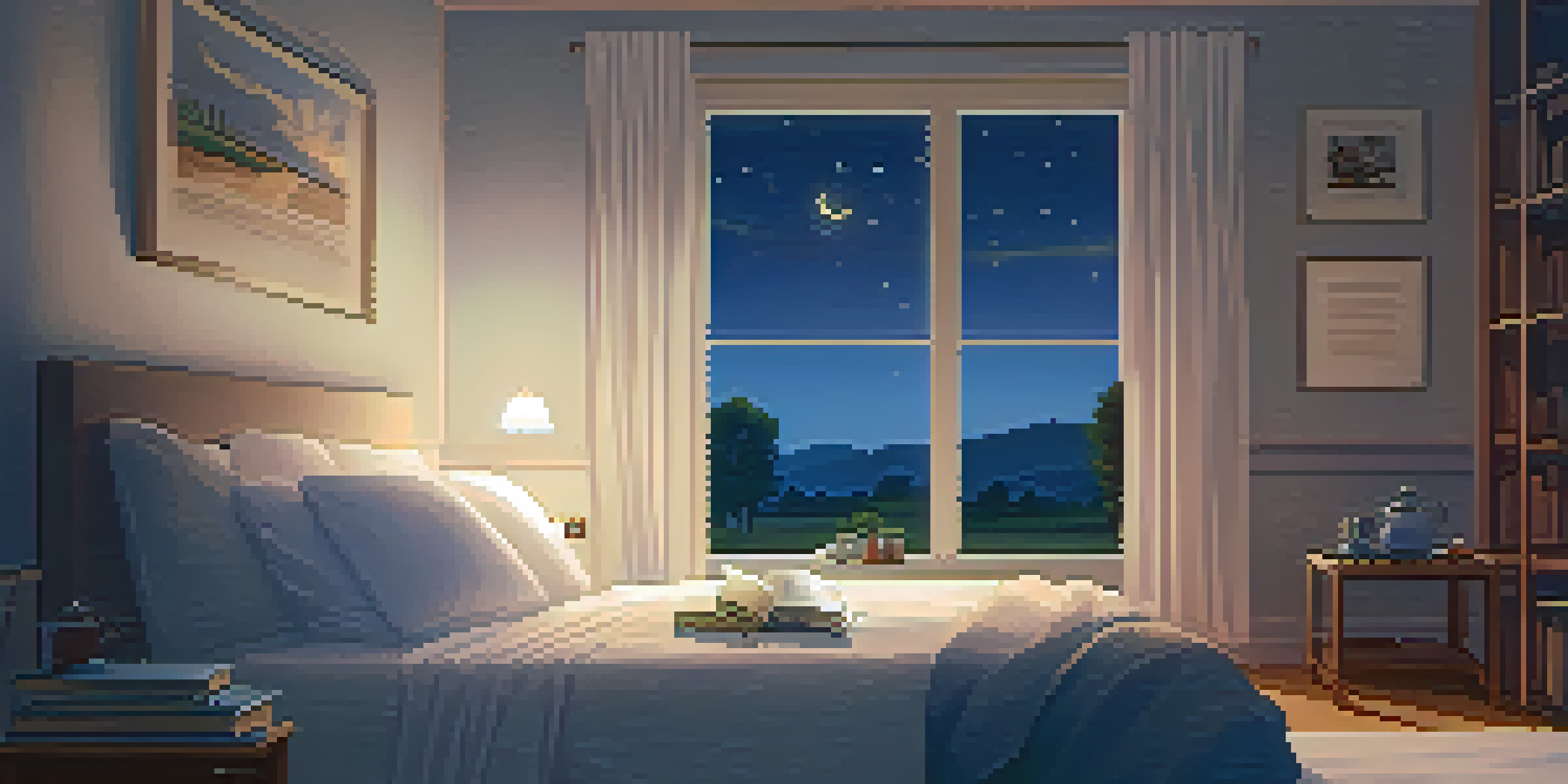 A tranquil bedroom with a cozy bed, a cup of tea, and a stack of books under a twilight sky.