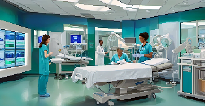 A busy hospital emergency room with medical staff working together, using tablets to access patient records, surrounded by medical equipment under bright lights.