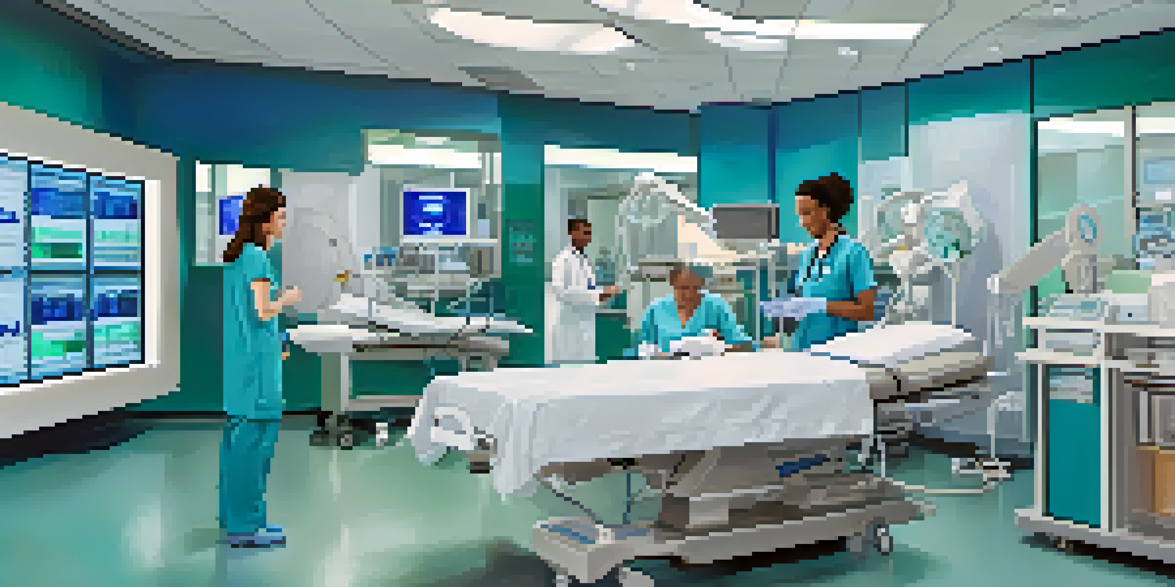 A busy hospital emergency room with medical staff working together, using tablets to access patient records, surrounded by medical equipment under bright lights.