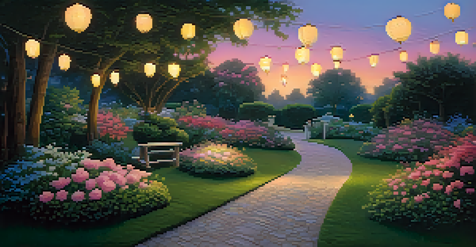 A tranquil garden at dusk with glowing lanterns, colorful flowers, and a hammock between trees, set against a beautiful sky.