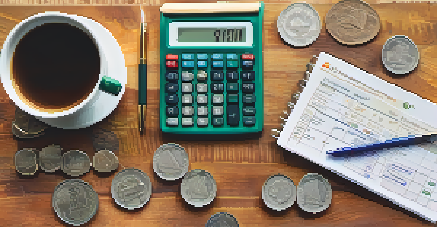 A close-up view of a budgeting planner with coins and a calculator on a table, showing an organized financial planning process.