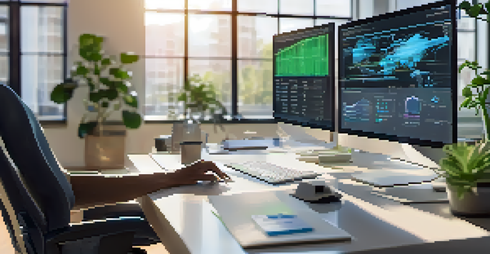 A healthcare professional at a desk with a computer displaying an EHR interface, bright natural light coming in from windows, a plant on the desk.
