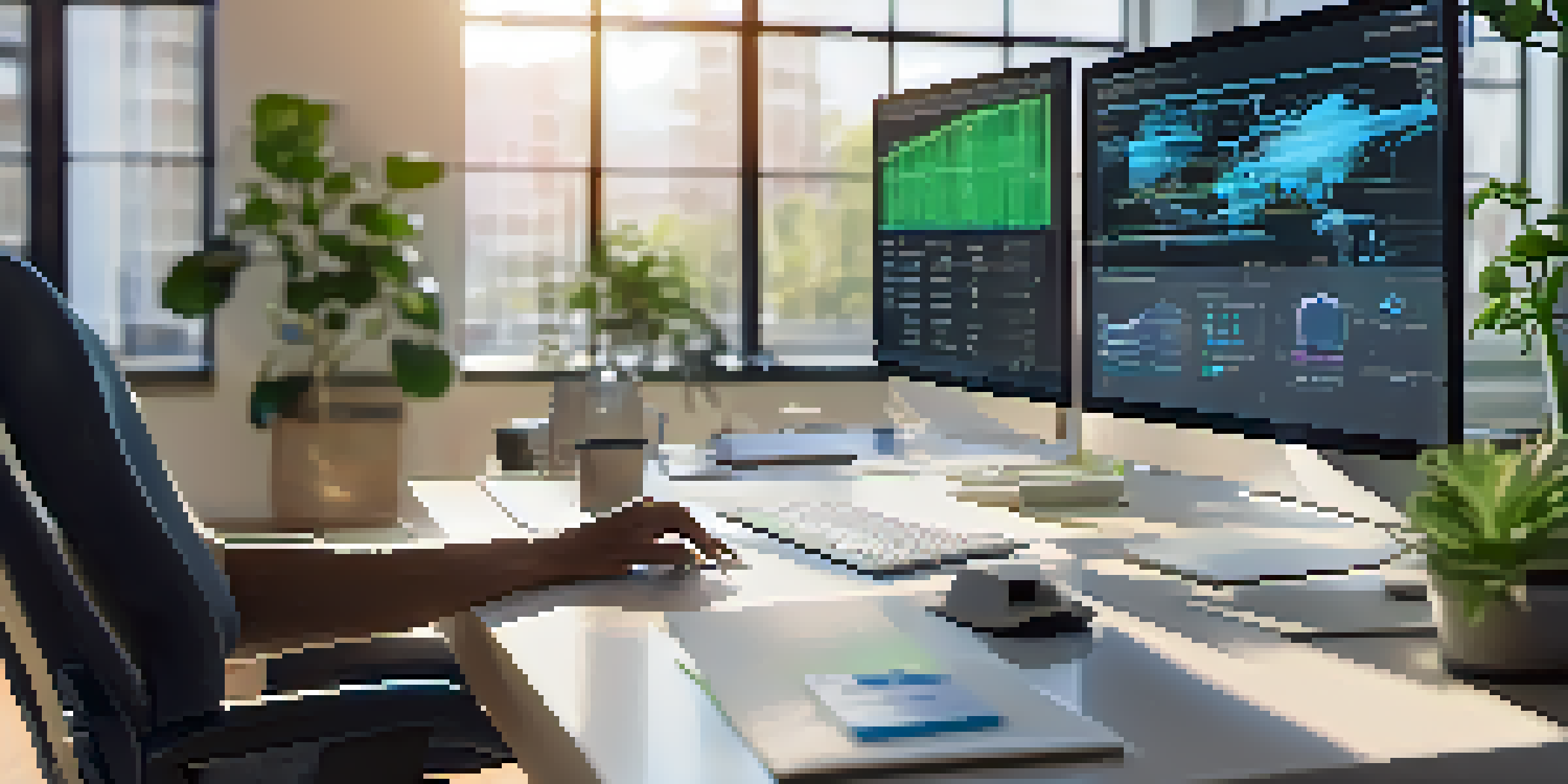 A healthcare professional at a desk with a computer displaying an EHR interface, bright natural light coming in from windows, a plant on the desk.