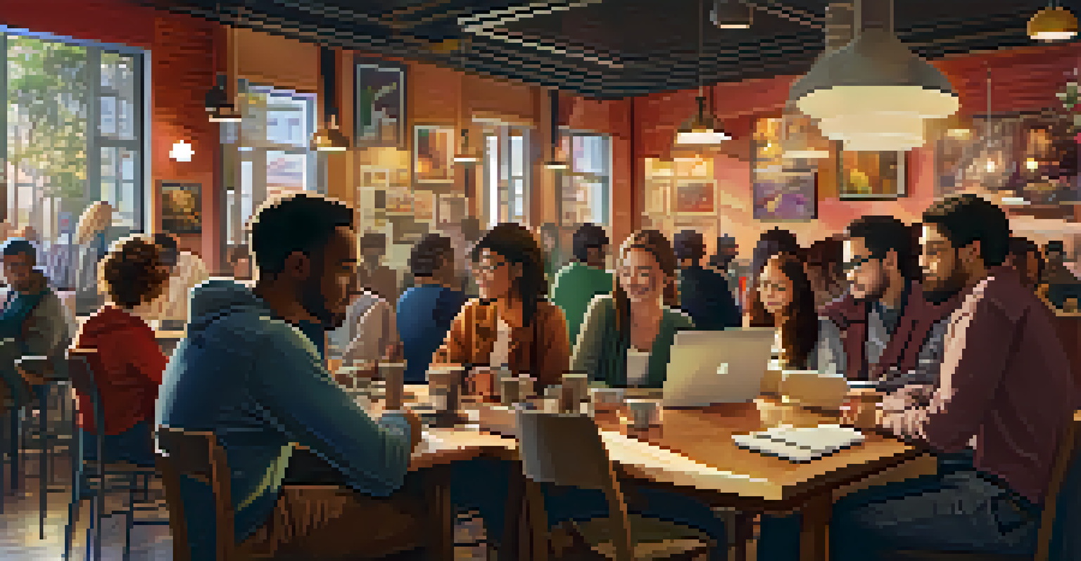 A vibrant community gathering in a café with people discussing biohacking, surrounded by notebooks and colorful artwork on the walls.