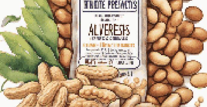 A detailed view of a food product label emphasizing allergen warnings, surrounded by fresh ingredients.