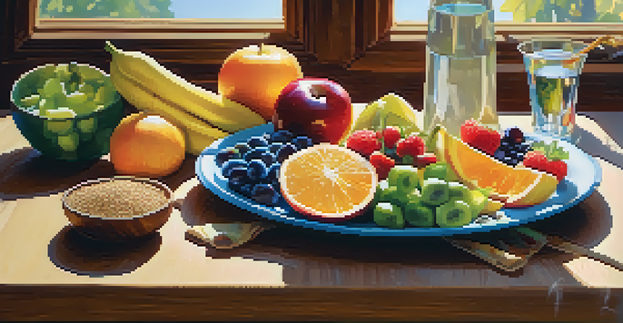 A colorful heart-healthy meal displayed on a wooden table, including fruits, vegetables, whole grains, and lean proteins, with sunlight casting a warm glow.