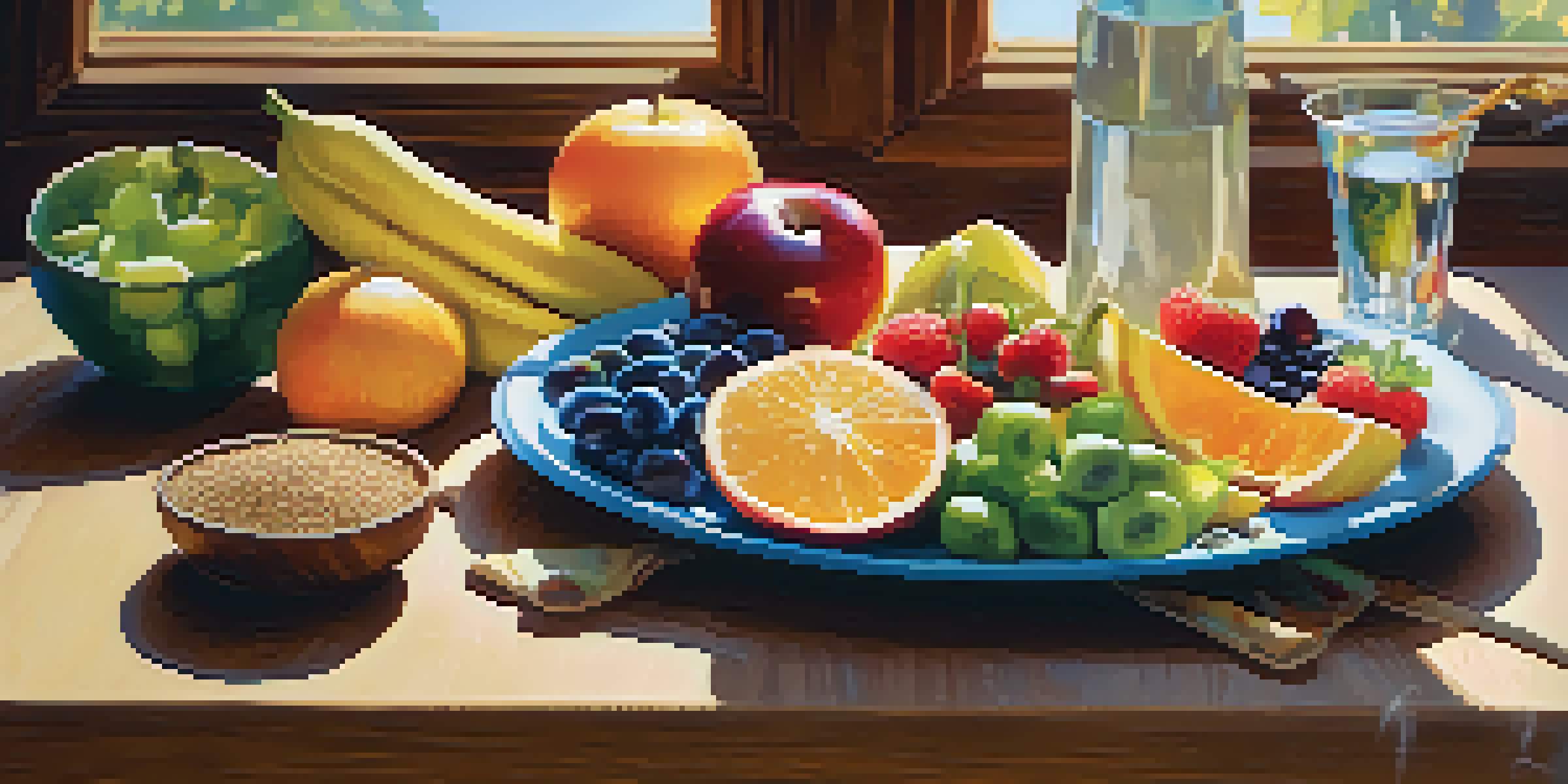 A colorful heart-healthy meal displayed on a wooden table, including fruits, vegetables, whole grains, and lean proteins, with sunlight casting a warm glow.