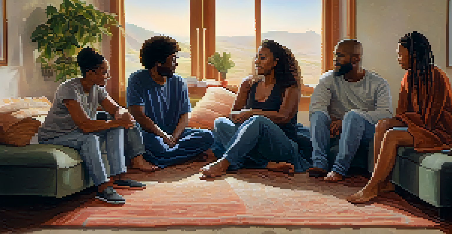 A diverse group of individuals in a supportive circle, sharing experiences during detox in a warm room.