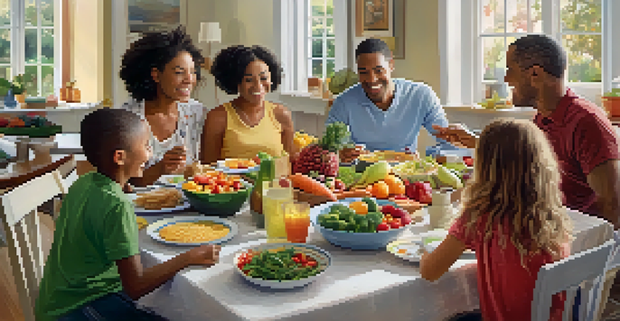 A family sitting at a dining table, discussing their health history while enjoying healthy foods.