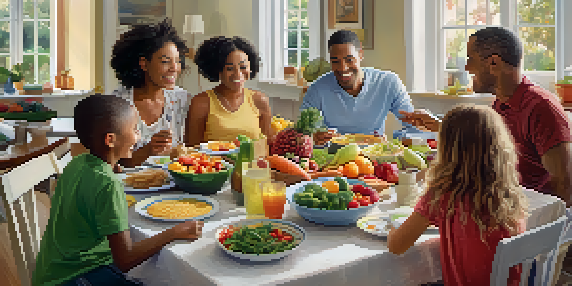 A family sitting at a dining table, discussing their health history while enjoying healthy foods.