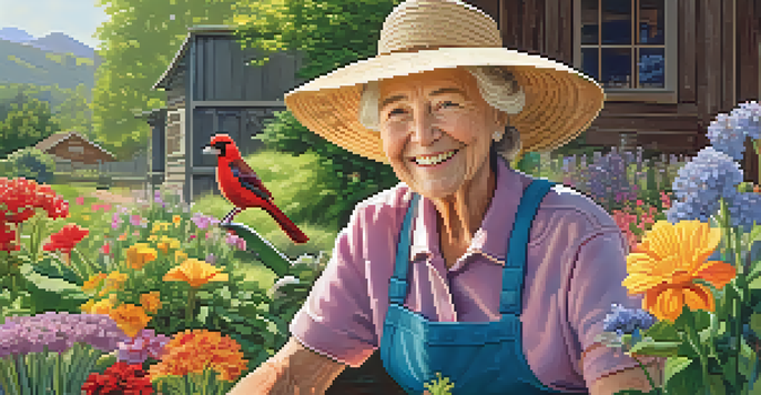 An elderly person happily gardening in a vibrant backyard filled with flowers and greenery, under a bright sun.