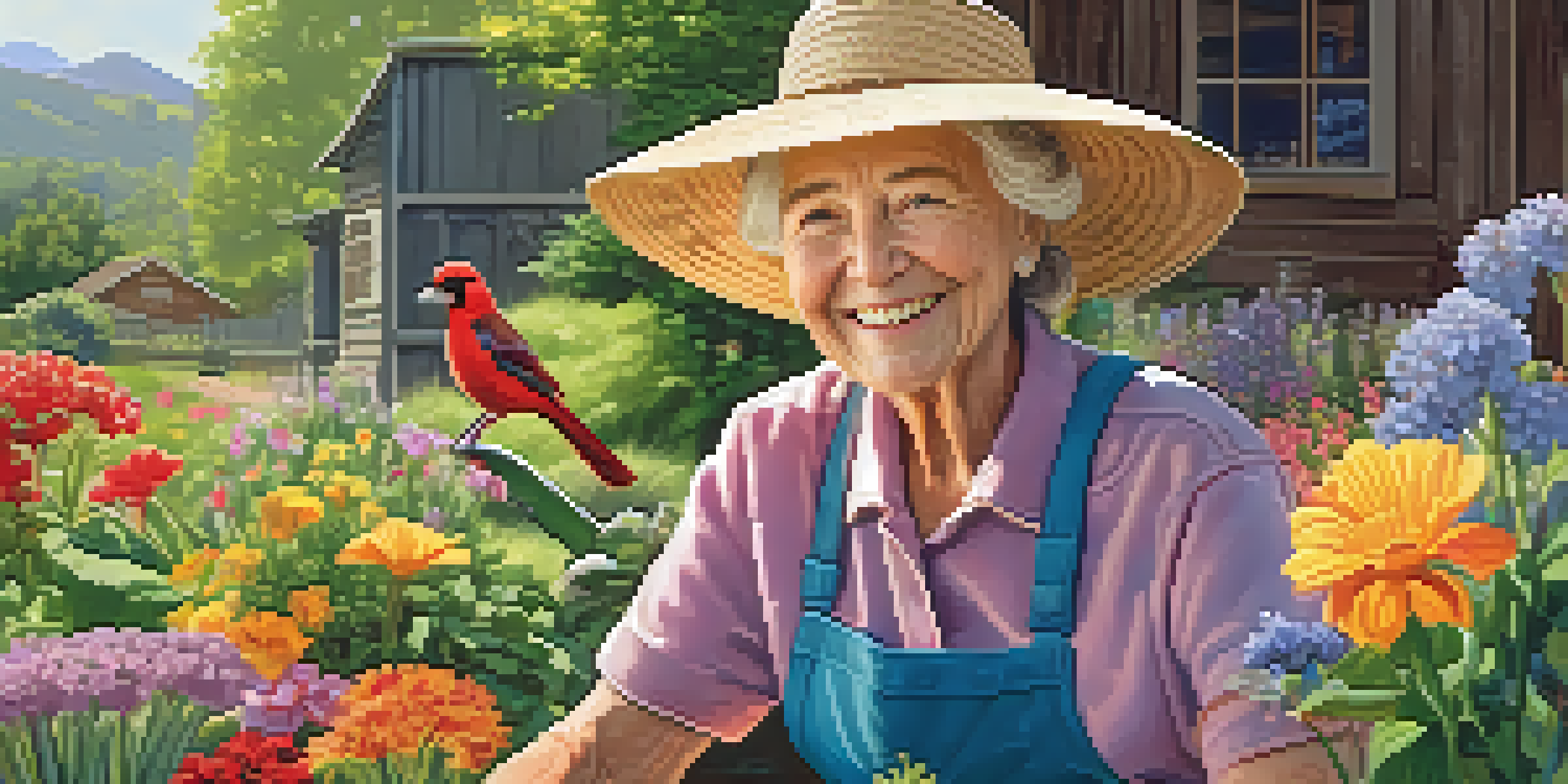An elderly person happily gardening in a vibrant backyard filled with flowers and greenery, under a bright sun.