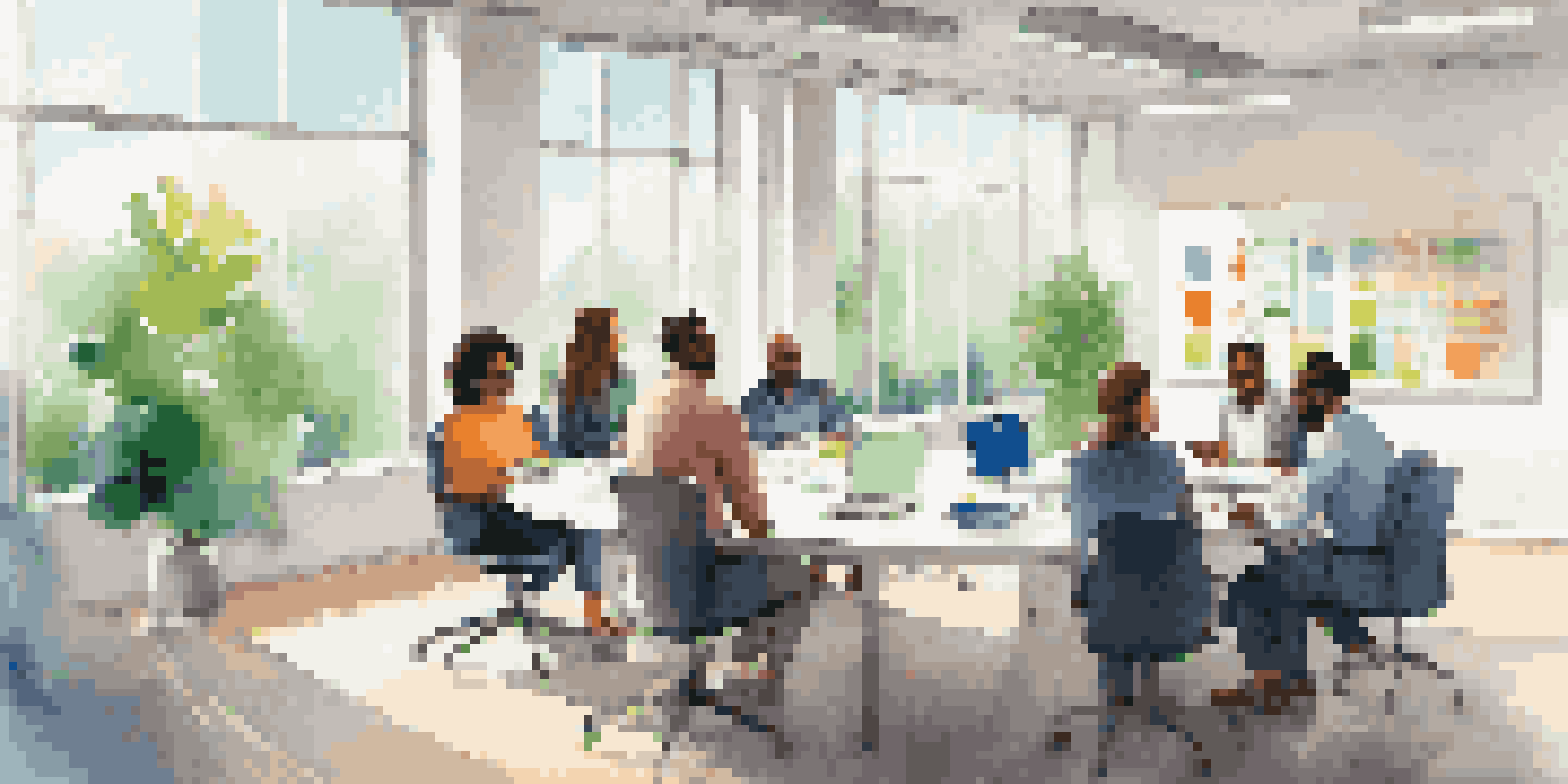 A diverse group of employees in a bright office engaged in a collaborative meeting around a modern conference table.