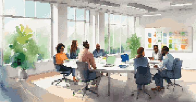 A diverse group of employees in a bright office engaged in a collaborative meeting around a modern conference table.