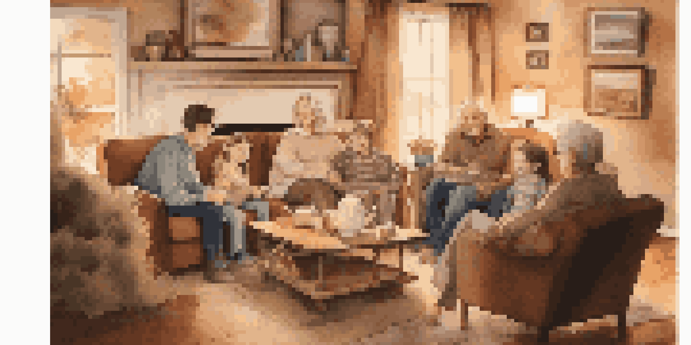 A family gathering in a cozy living room, featuring different generations sharing stories with warm lighting and family photos.