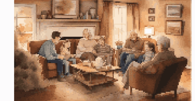 A family gathering in a cozy living room, featuring different generations sharing stories with warm lighting and family photos.