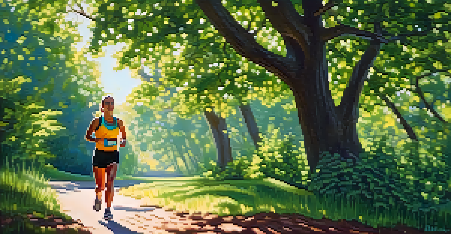 A runner on a nature trail, drinking water from a bottle, surrounded by trees and a blue sky.