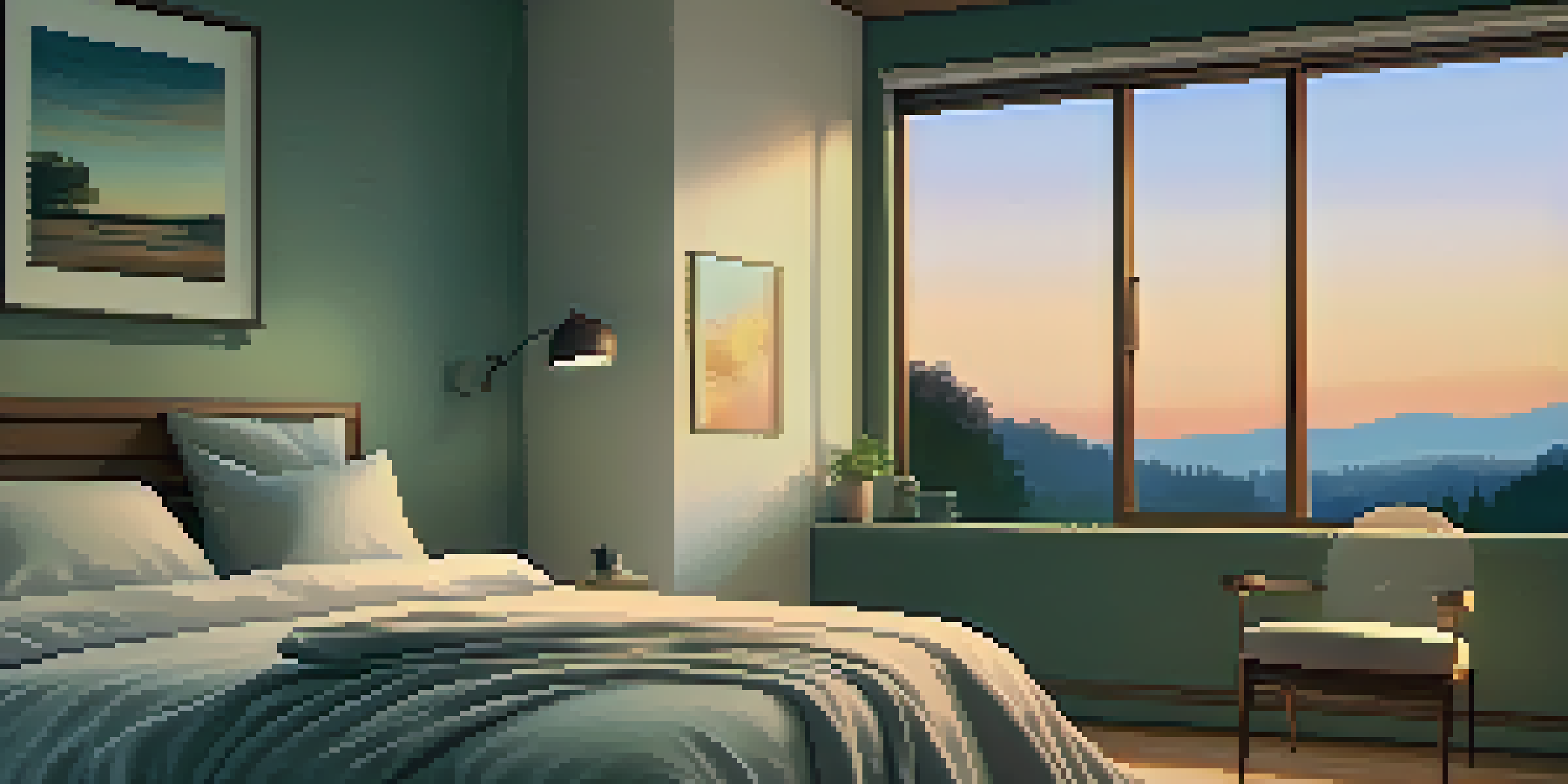 A peaceful bedroom with a comfortable bed and warm lighting, creating a calming atmosphere for sleep.