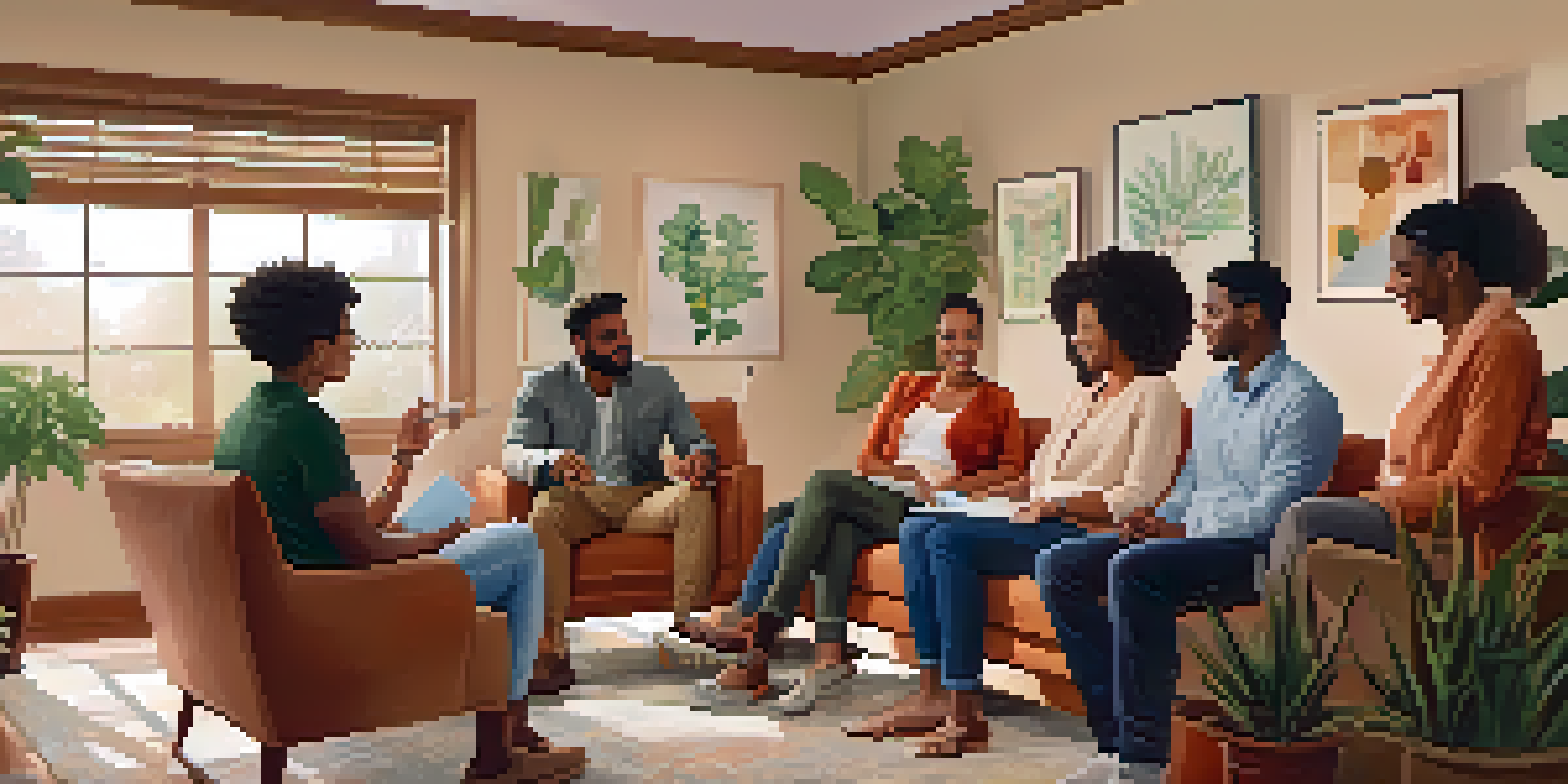 A diverse group of people discussing reproductive health in a cozy room, with warm colors and plants around them.