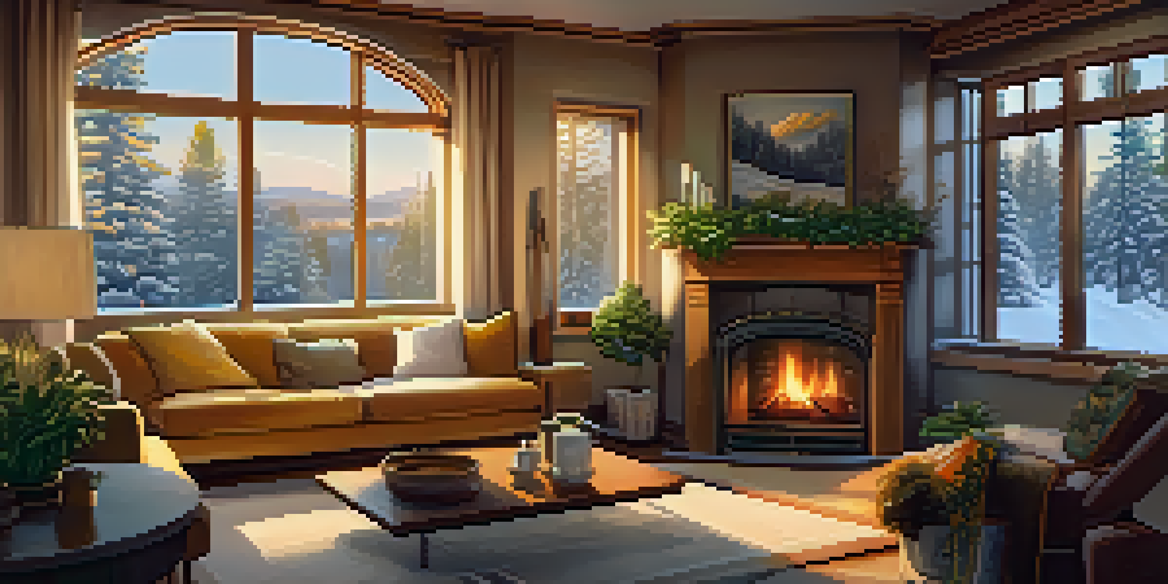 A cozy winter living room with a fireplace, blankets on a sofa, and a snowy landscape outside the window.