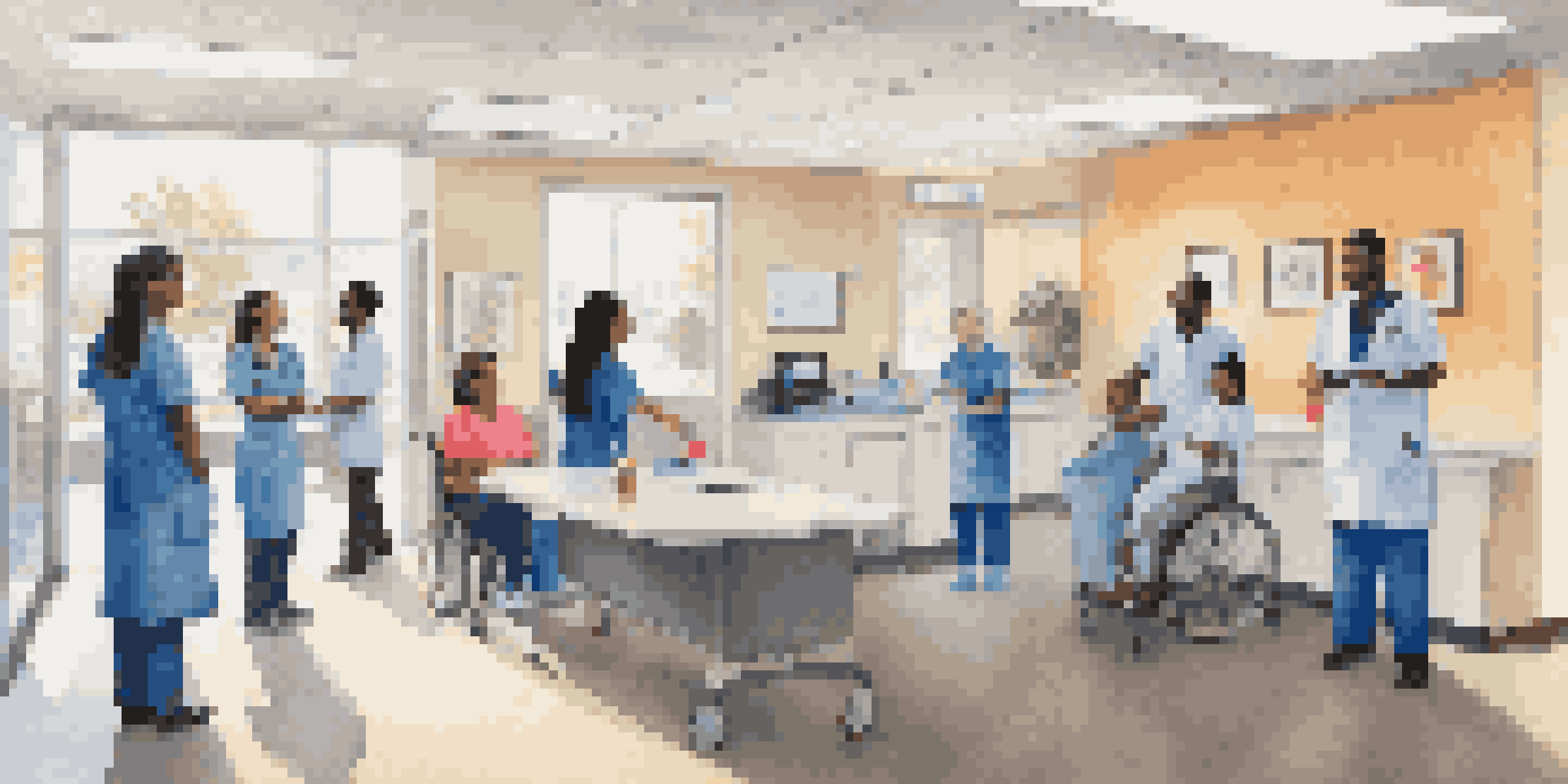 A diverse group of healthcare professionals assisting patients in a bright clinic filled with natural light and colorful artwork.