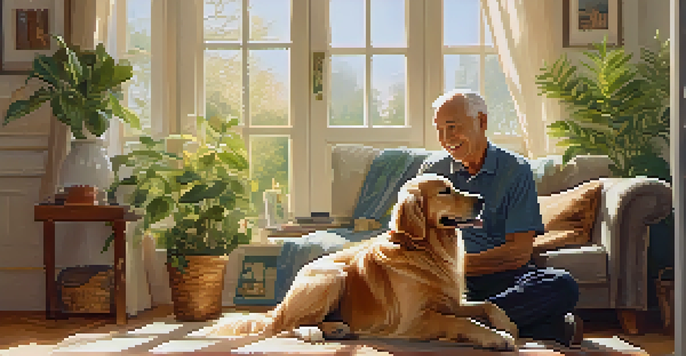 An elderly man smiles while petting a golden retriever in a cozy, sunlit room filled with plants.