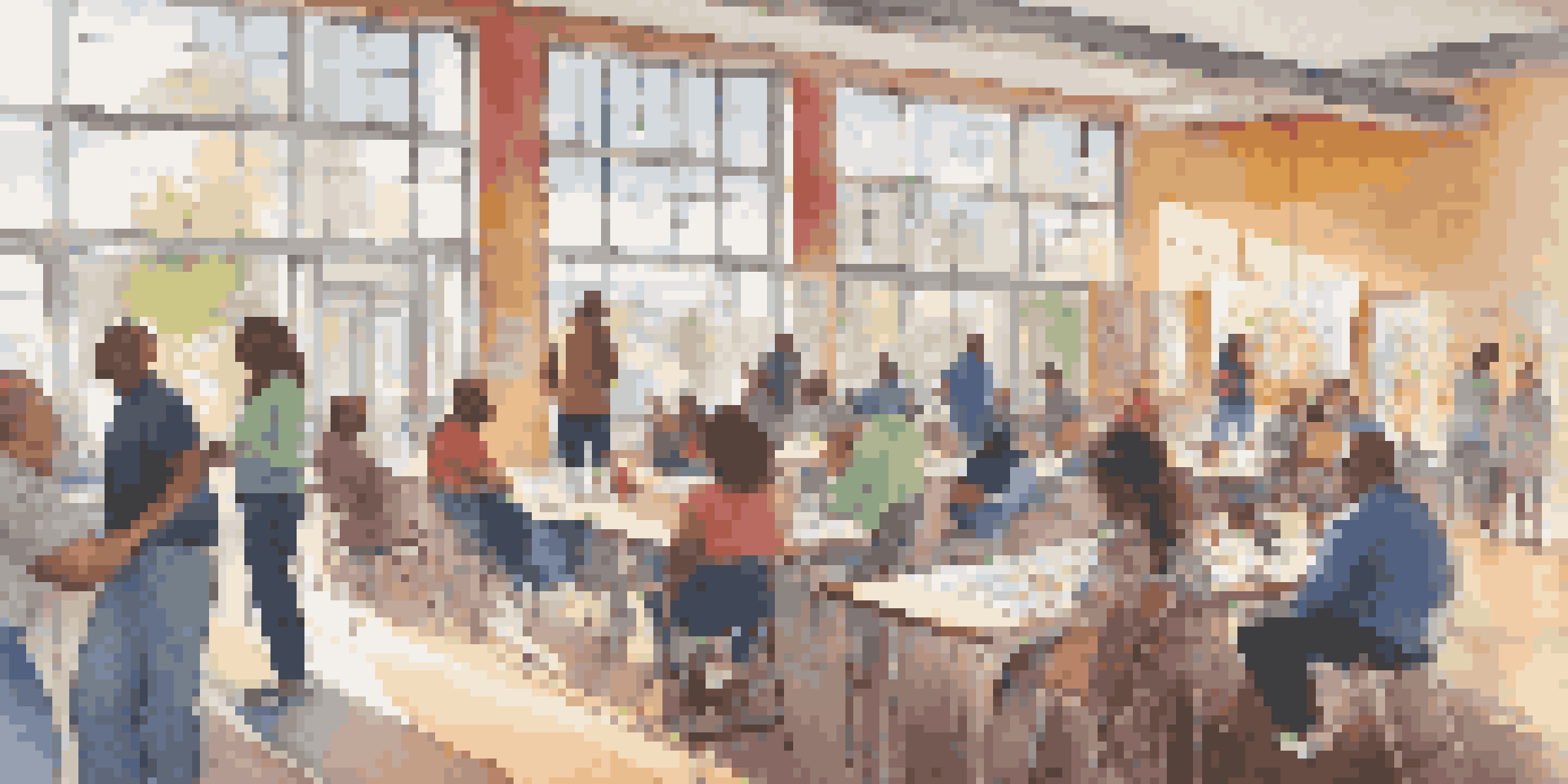 A lively community center with diverse individuals participating in a mental health workshop, surrounded by colorful posters and natural light.