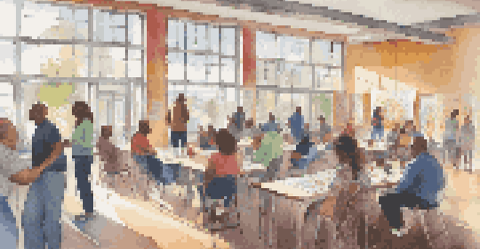 A lively community center with diverse individuals participating in a mental health workshop, surrounded by colorful posters and natural light.