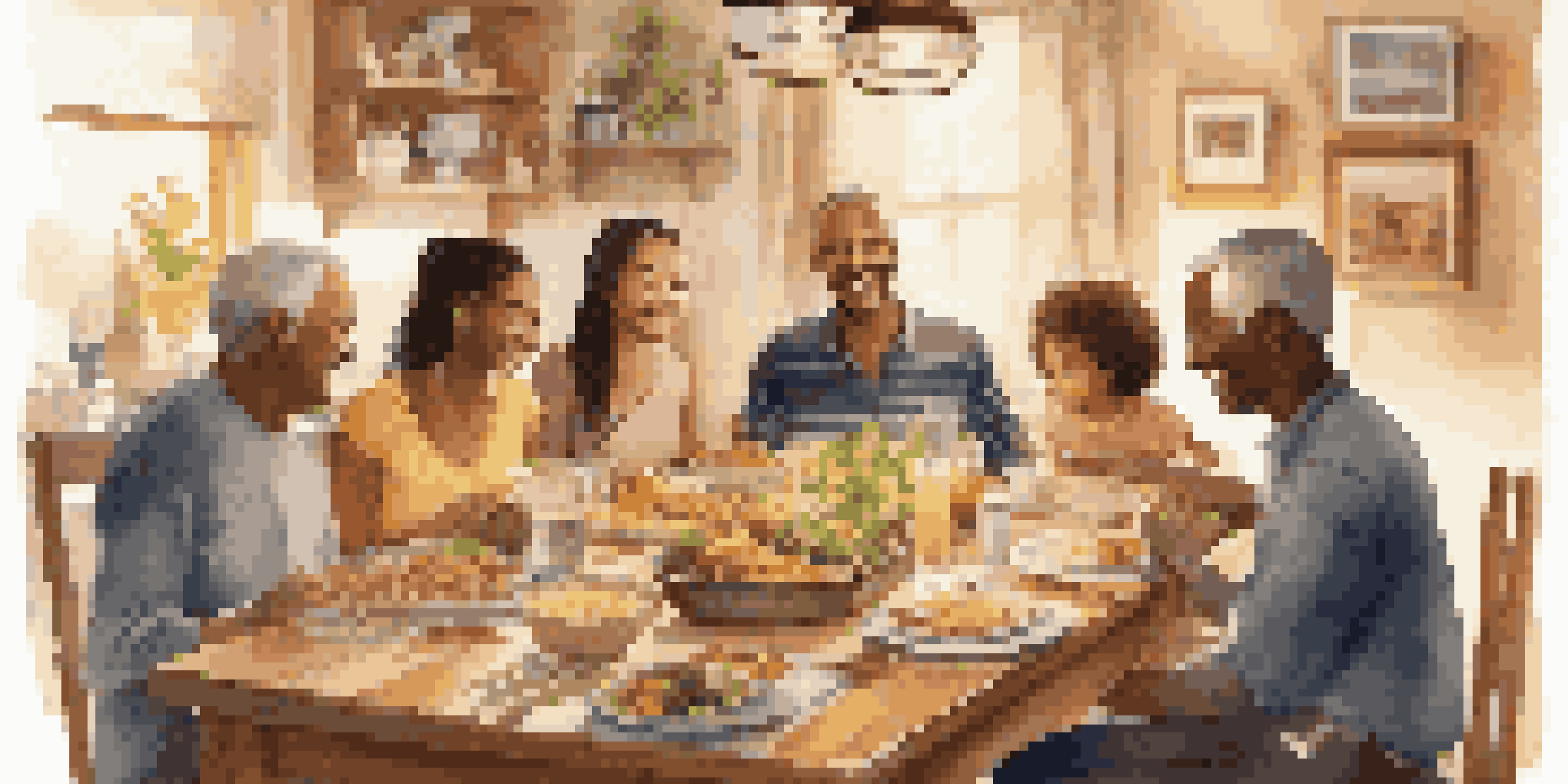A family enjoying a meal together at a dining table, surrounded by healthy food and warm lighting.