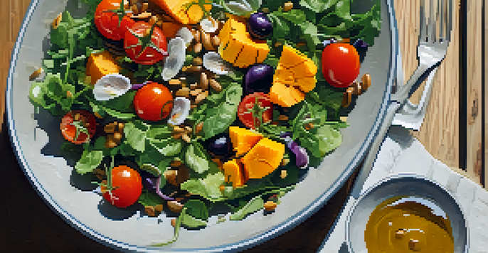 A colorful salad bowl with leafy greens, cherry tomatoes, roasted butternut squash, and sunflower seeds, illuminated by natural light on a wooden table.