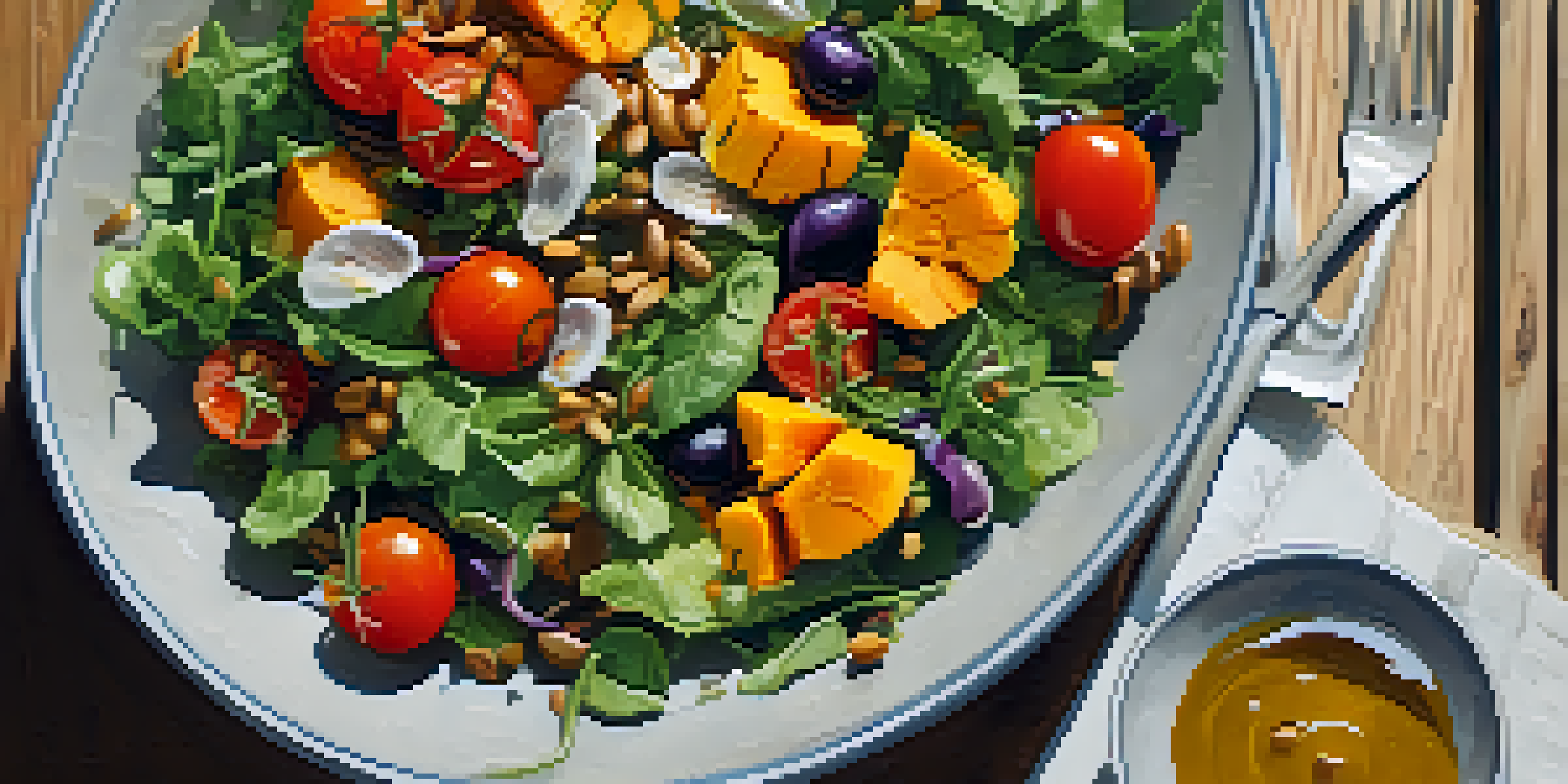 A colorful salad bowl with leafy greens, cherry tomatoes, roasted butternut squash, and sunflower seeds, illuminated by natural light on a wooden table.