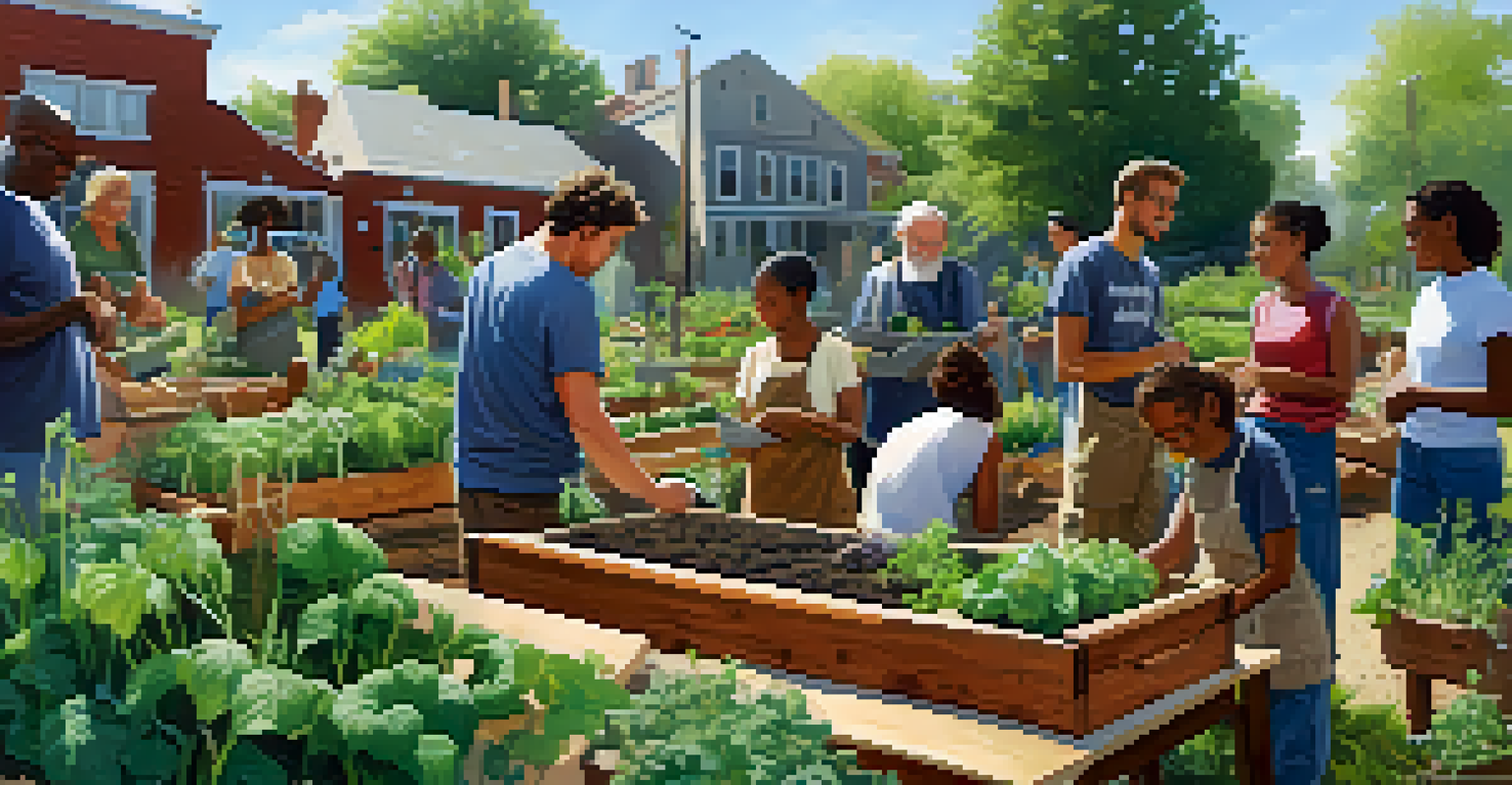 A community garden workshop with young people learning from an elder gardener amidst vegetable beds under a clear sky.