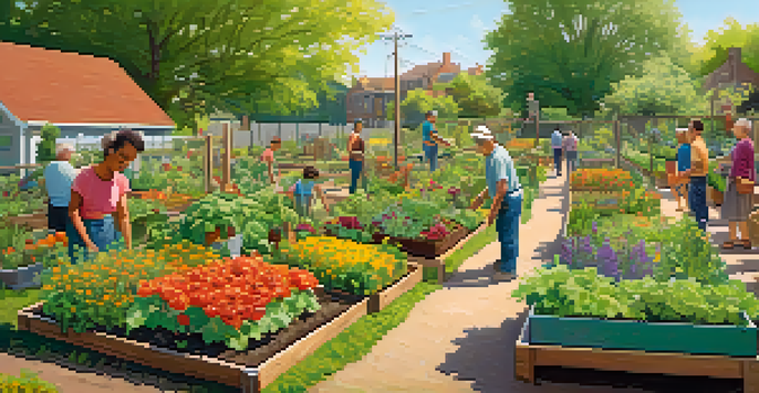 A lively community garden with people of different ages working together, surrounded by colorful plants and vegetables, under a warm sun.