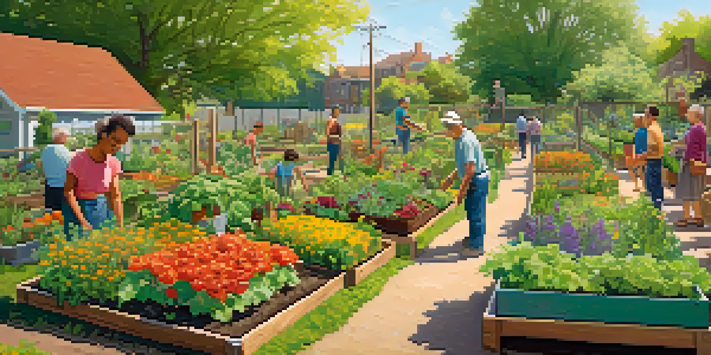 A lively community garden with people of different ages working together, surrounded by colorful plants and vegetables, under a warm sun.